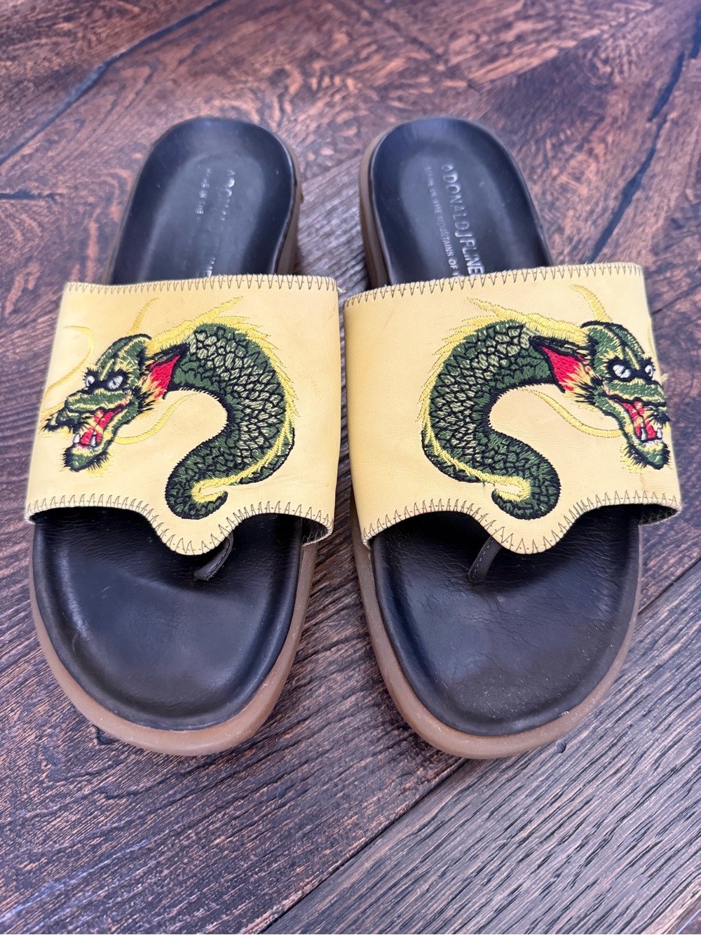 Donald J. Pliner Yellow Leather Dragon Slide Sandals with Black Footbed - Picture 3 of 5